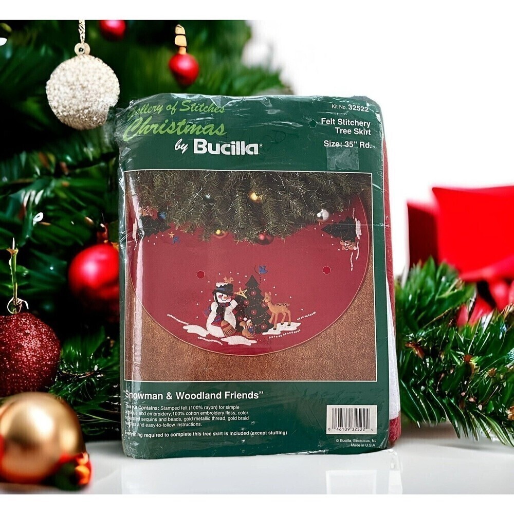 Vintage Bucilla Gallery of Stitches Christmas Skirt Snowman & Woodland Friends